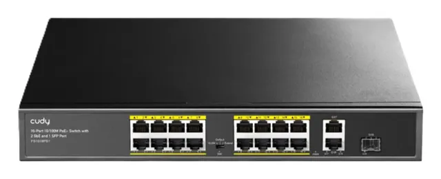 Switch POE+ 16 Puertos 10100M 2 Uplink Gigabit 1 SFP 200W FS1018PS1